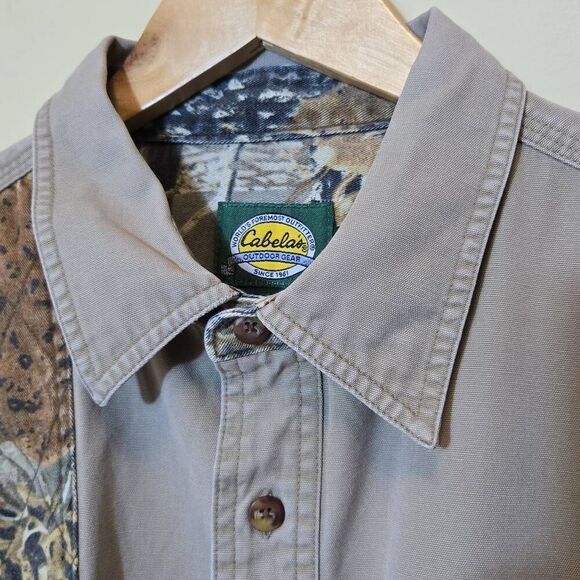 Cabelas Mens Shooting Shirt L Tall Button Up Quilted Shoulder Camo Tan Canvas - Picture 2 of 14